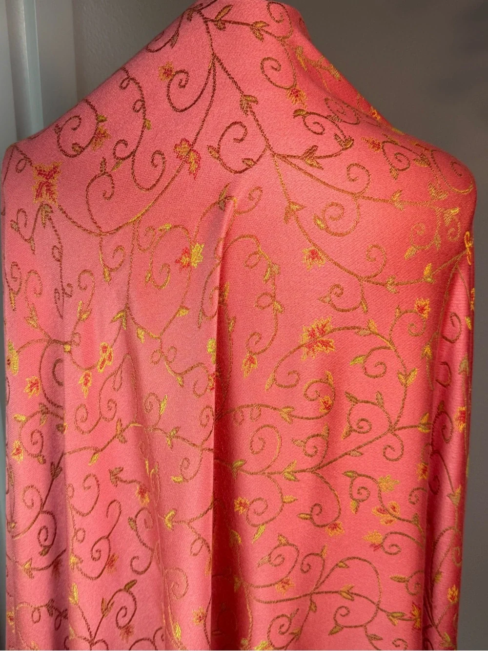 Pashmina Silk Blend Coral Pink Gold Floral Reversible Shawl Wrap Scarf